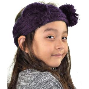 imageCC Childrens Kids Double Pom Cable Knit Fuzzy Lined Ear Warmer HeadbandDark Purple