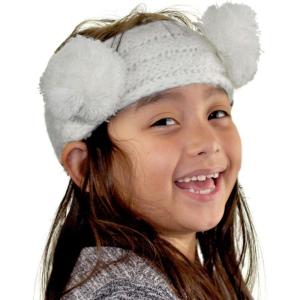 imageCC Childrens Kids Double Pom Cable Knit Fuzzy Lined Ear Warmer HeadbandIvory
