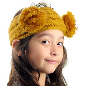 imageCC Childrens Kids Double Pom Cable Knit Fuzzy Lined Ear Warmer HeadbandMustard