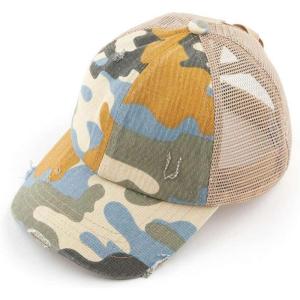 imageCC Childrens Kids Girls Criss Cross High Bun Adjustable Mesh Trucker Baseball CapDistressed Camo Beige