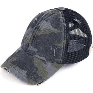imageCC Childrens Kids Girls Criss Cross High Bun Adjustable Mesh Trucker Baseball CapDistressed Camo Black