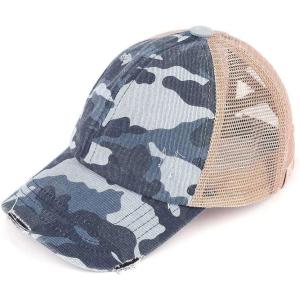 imageCC Childrens Kids Girls Criss Cross High Bun Adjustable Mesh Trucker Baseball CapDistressed Camo Blue