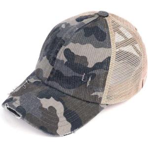 imageCC Childrens Kids Girls Criss Cross High Bun Adjustable Mesh Trucker Baseball CapDistressed Camo Gray