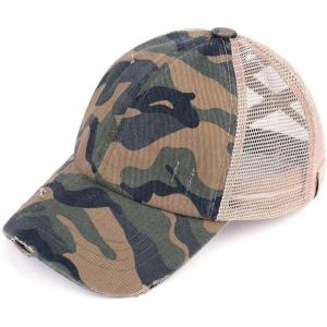 imageCC Childrens Kids Girls Criss Cross High Bun Adjustable Mesh Trucker Baseball CapDistressed Camo Olive