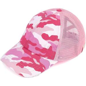 imageCC Childrens Kids Girls Criss Cross High Bun Adjustable Mesh Trucker Baseball CapDistressed Camo Pink