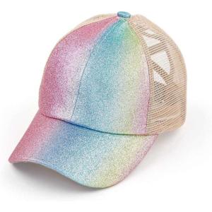 imageCC Childrens Kids Girls Criss Cross High Bun Adjustable Mesh Trucker Baseball CapGlitter Pink Multi