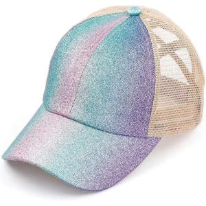 imageCC Childrens Kids Girls Criss Cross High Bun Adjustable Mesh Trucker Baseball CapGlitter Purple Multi