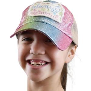 imageCC Childrens Kids Girls Criss Cross High Bun Adjustable Mesh Trucker Baseball CapMermaid Patch  Glitter
