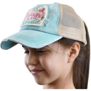 imageCC Childrens Kids Girls Criss Cross High Bun Adjustable Mesh Trucker Baseball CapMermaid Patch  Mint