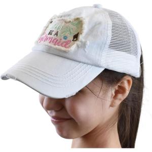 imageCC Childrens Kids Girls Criss Cross High Bun Adjustable Mesh Trucker Baseball CapMermaid Patch  White