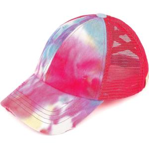 imageCC Childrens Kids Girls Criss Cross High Bun Adjustable Mesh Trucker Baseball CapTie Dye Hot Pink