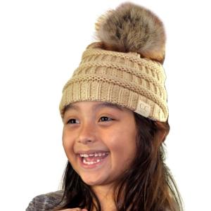 imageCC Childrens Kids Soft Stretch Cable Knit Faux Fur Pom Beanie HatBeige