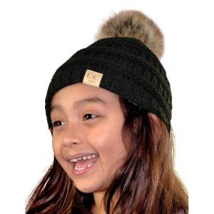 imageCC Childrens Kids Soft Stretch Cable Knit Faux Fur Pom Beanie HatBlack