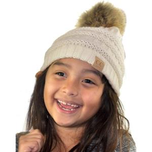 imageCC Childrens Kids Soft Stretch Cable Knit Faux Fur Pom Beanie HatIvory