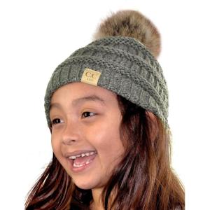 imageCC Childrens Kids Soft Stretch Cable Knit Faux Fur Pom Beanie HatLight Melange Gray