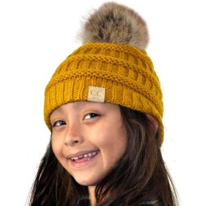 imageCC Childrens Kids Soft Stretch Cable Knit Faux Fur Pom Beanie HatMustard