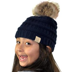 imageCC Childrens Kids Soft Stretch Cable Knit Faux Fur Pom Beanie HatNavy