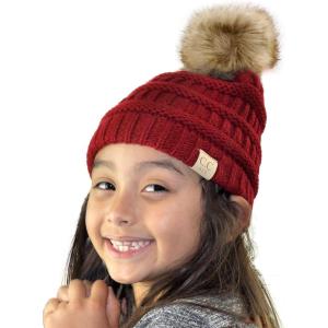 imageCC Childrens Kids Soft Stretch Cable Knit Faux Fur Pom Beanie HatRed