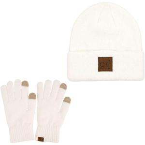 imageCC Eco Friendly Unisex Classic Warm Winter Beanie and Touchscreen Glove SetWhite