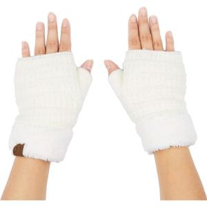 imageCC Fingerless Gloves Fuzzy Lined Knit Wrist Warmer Solid Ribbed Glove FLG25 Ivory