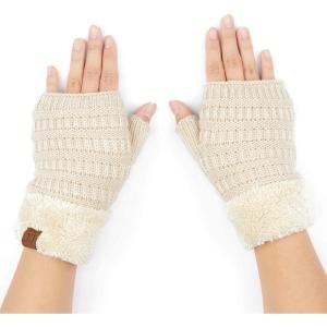 imageCC Fingerless Gloves for Women  Fuzzy Lined Knit Wrist Warmers Ribbed Smocking Stitch Soft Acrylic FLG25Beige