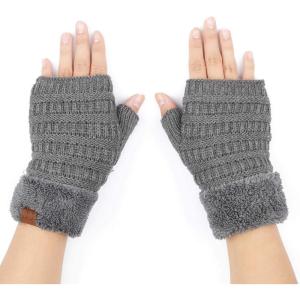 imageCC Fingerless Gloves for Women  Fuzzy Lined Knit Wrist Warmers Ribbed Smocking Stitch Soft Acrylic FLG25Dk Mel Grey