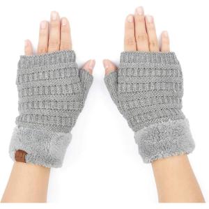 imageCC Fingerless Gloves for Women  Fuzzy Lined Knit Wrist Warmers Ribbed Smocking Stitch Soft Acrylic FLG25Lt Grey
