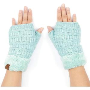 imageCC Fingerless Gloves for Women  Fuzzy Lined Knit Wrist Warmers Ribbed Smocking Stitch Soft Acrylic FLG25Mint