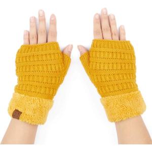 imageCC Fingerless Gloves for Women  Fuzzy Lined Knit Wrist Warmers Ribbed Smocking Stitch Soft Acrylic FLG25Mustard