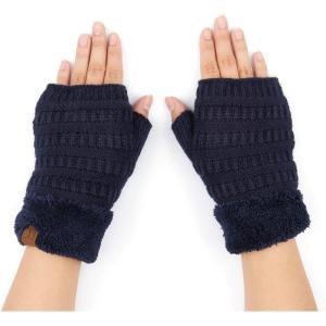 imageCC Fingerless Gloves for Women  Fuzzy Lined Knit Wrist Warmers Ribbed Smocking Stitch Soft Acrylic FLG25Navy