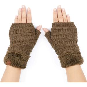 imageCC Fingerless Gloves for Women  Fuzzy Lined Knit Wrist Warmers Ribbed Smocking Stitch Soft Acrylic FLG25New Olive