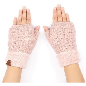 imageCC Fingerless Gloves for Women  Fuzzy Lined Knit Wrist Warmers Ribbed Smocking Stitch Soft Acrylic FLG25Rose