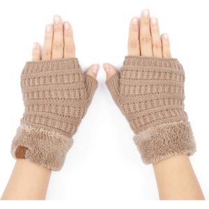 imageCC Fingerless Gloves for Women  Fuzzy Lined Knit Wrist Warmers Ribbed Smocking Stitch Soft Acrylic FLG25Taupe