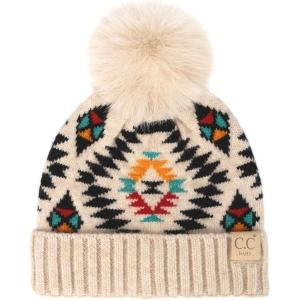 imageCC Kids Babies Soft Stretch Cable Knit Faux Fur Pom Pom Beanie HatAztec Beige