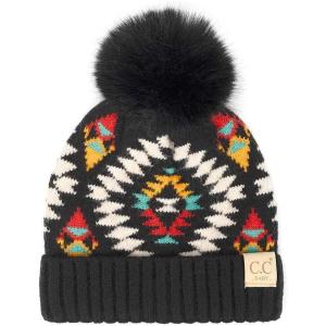 imageCC Kids Babies Soft Stretch Cable Knit Faux Fur Pom Pom Beanie HatAztec Black