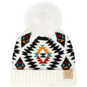 imageCC Kids Babies Soft Stretch Cable Knit Faux Fur Pom Pom Beanie HatAztec White