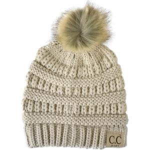 imageCC Kids Babies Soft Stretch Cable Knit Faux Fur Pom Pom Beanie HatBeige