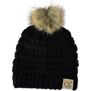 imageCC Kids Babies Soft Stretch Cable Knit Faux Fur Pom Pom Beanie HatBlack