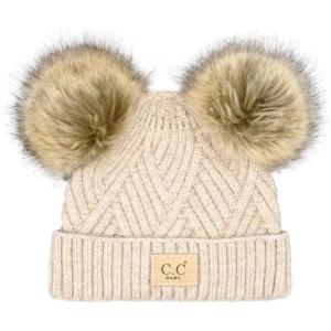 imageCC Kids Babies Soft Stretch Cable Knit Faux Fur Pom Pom Beanie HatCriss Cross Beige Mix