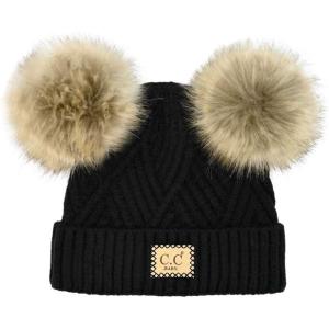 imageCC Kids Babies Soft Stretch Cable Knit Faux Fur Pom Pom Beanie HatCriss Cross Black