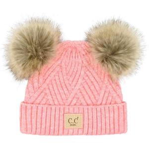 imageCC Kids Babies Soft Stretch Cable Knit Faux Fur Pom Pom Beanie HatCriss Cross Coral Mix
