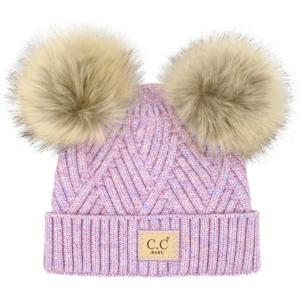 imageCC Kids Babies Soft Stretch Cable Knit Faux Fur Pom Pom Beanie HatCriss Cross Lavender Mix