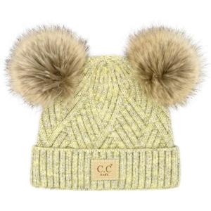 imageCC Kids Babies Soft Stretch Cable Knit Faux Fur Pom Pom Beanie HatCriss Cross Lemon Mix