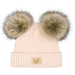 imageCC Kids Babies Soft Stretch Cable Knit Faux Fur Pom Pom Beanie HatCriss Cross Light Beige