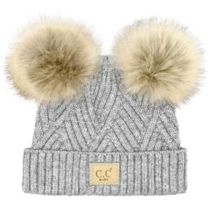 imageCC Kids Babies Soft Stretch Cable Knit Faux Fur Pom Pom Beanie HatCriss Cross Light Melange Gray