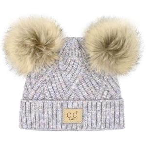 imageCC Kids Babies Soft Stretch Cable Knit Faux Fur Pom Pom Beanie HatCriss Cross Periwinkle Mix
