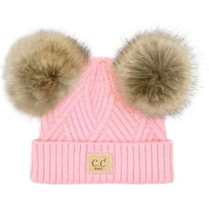 imageCC Kids Babies Soft Stretch Cable Knit Faux Fur Pom Pom Beanie HatCriss Cross Pink