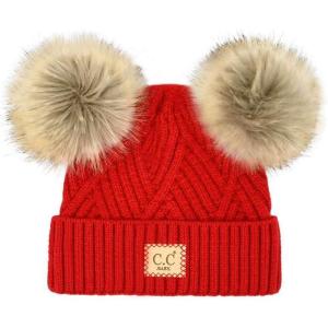 imageCC Kids Babies Soft Stretch Cable Knit Faux Fur Pom Pom Beanie HatCriss Cross Red
