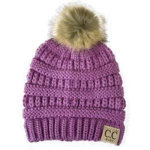 imageCC Kids Babies Soft Stretch Cable Knit Faux Fur Pom Pom Beanie HatLavender