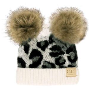 imageCC Kids Babies Soft Stretch Cable Knit Faux Fur Pom Pom Beanie HatLeopard Ivory